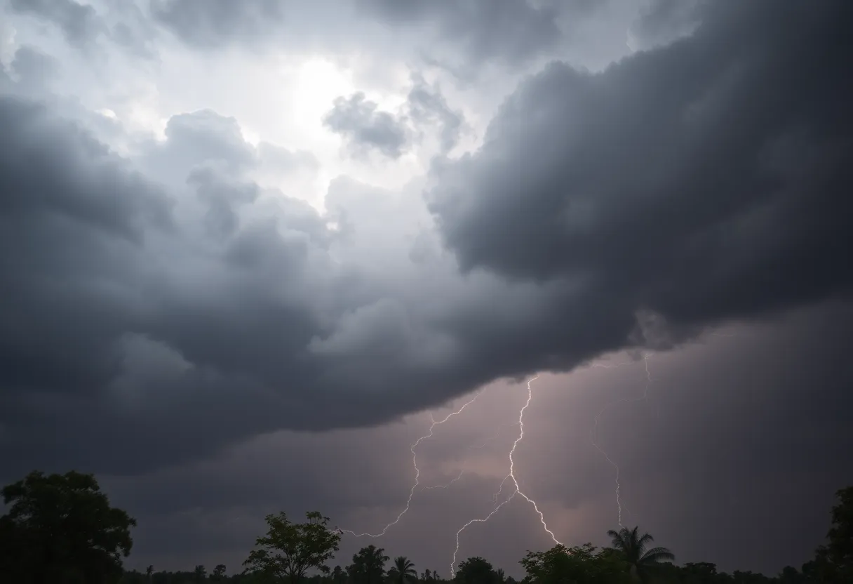 Severe thunderstorm conditions with dark clouds and lightning.