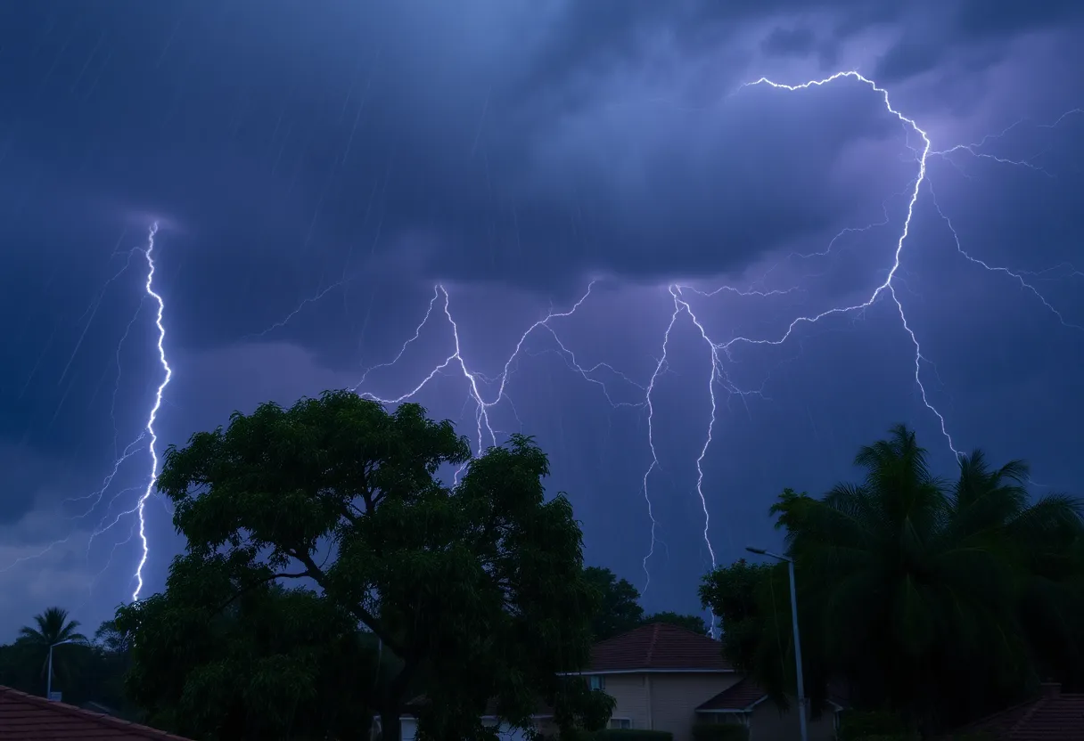 Severe thunderstorm with dark clouds and lightning over suburban landscape