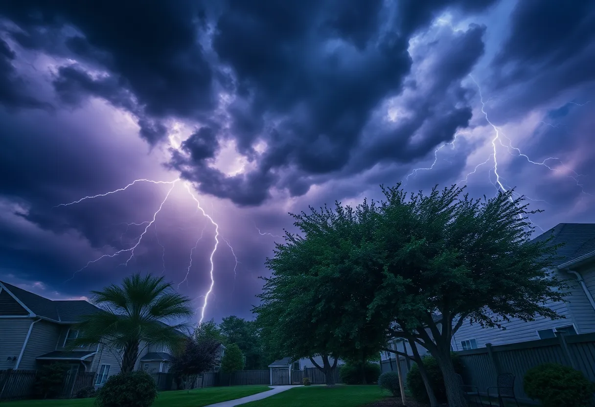 Dramatic skies showing a severe thunderstorm with lightning