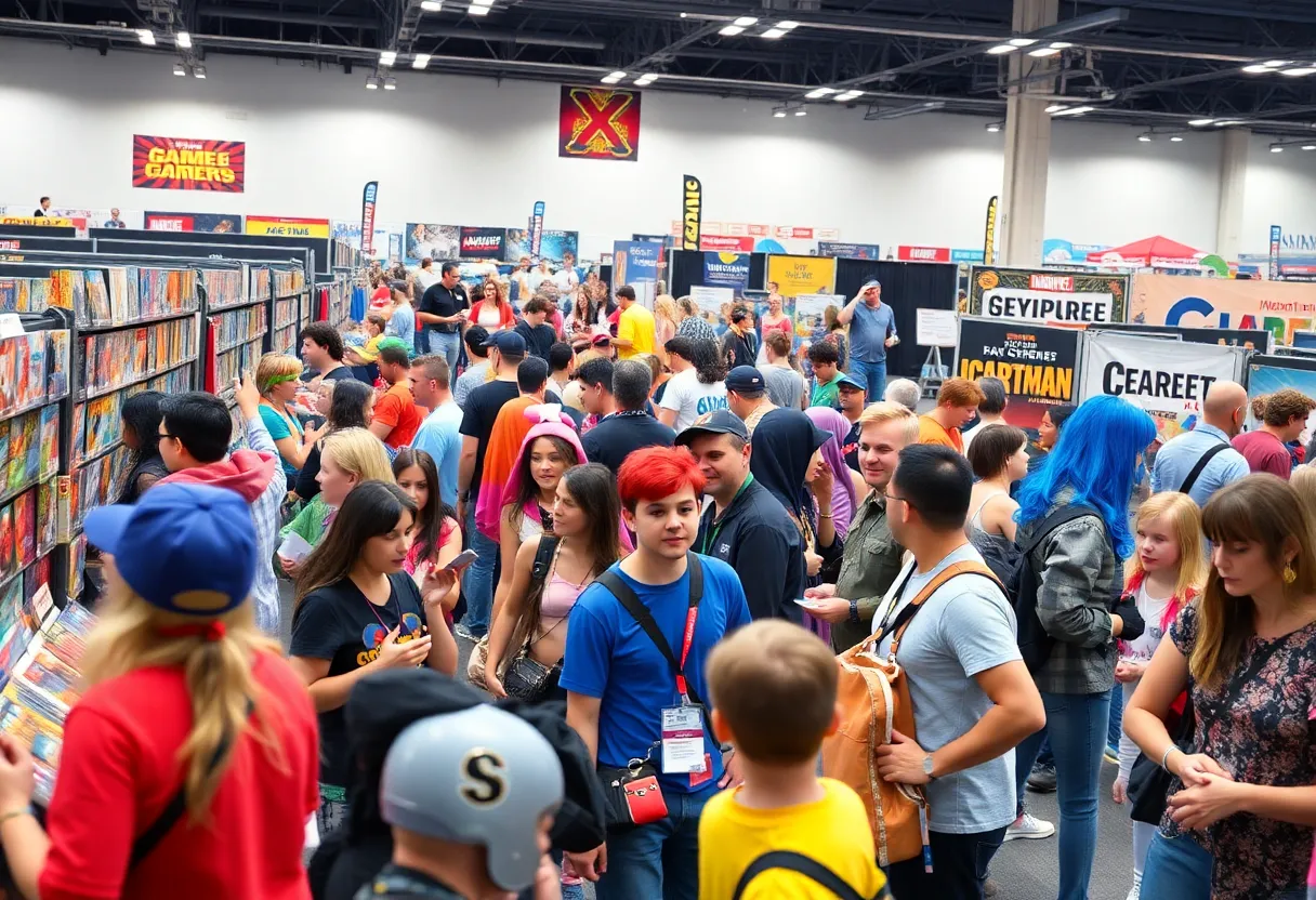 Fans enjoying the Soda City Comic Con with colorful costumes and vendors.