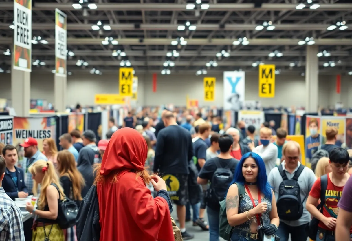 Attendees enjoying the Soda City Comic Con with colorful cosplay and vendor booths.