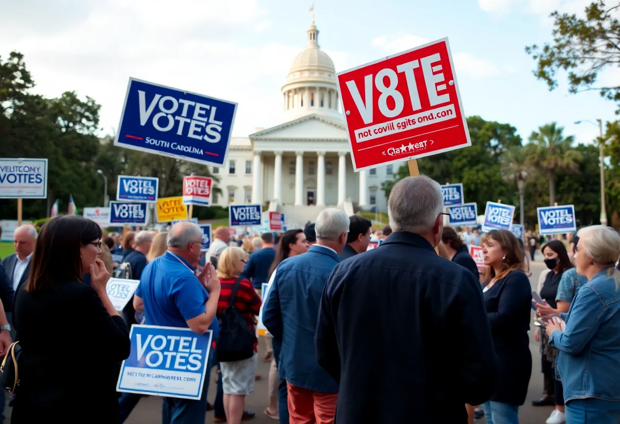 Political campaign scene in South Carolina with voters and election signs