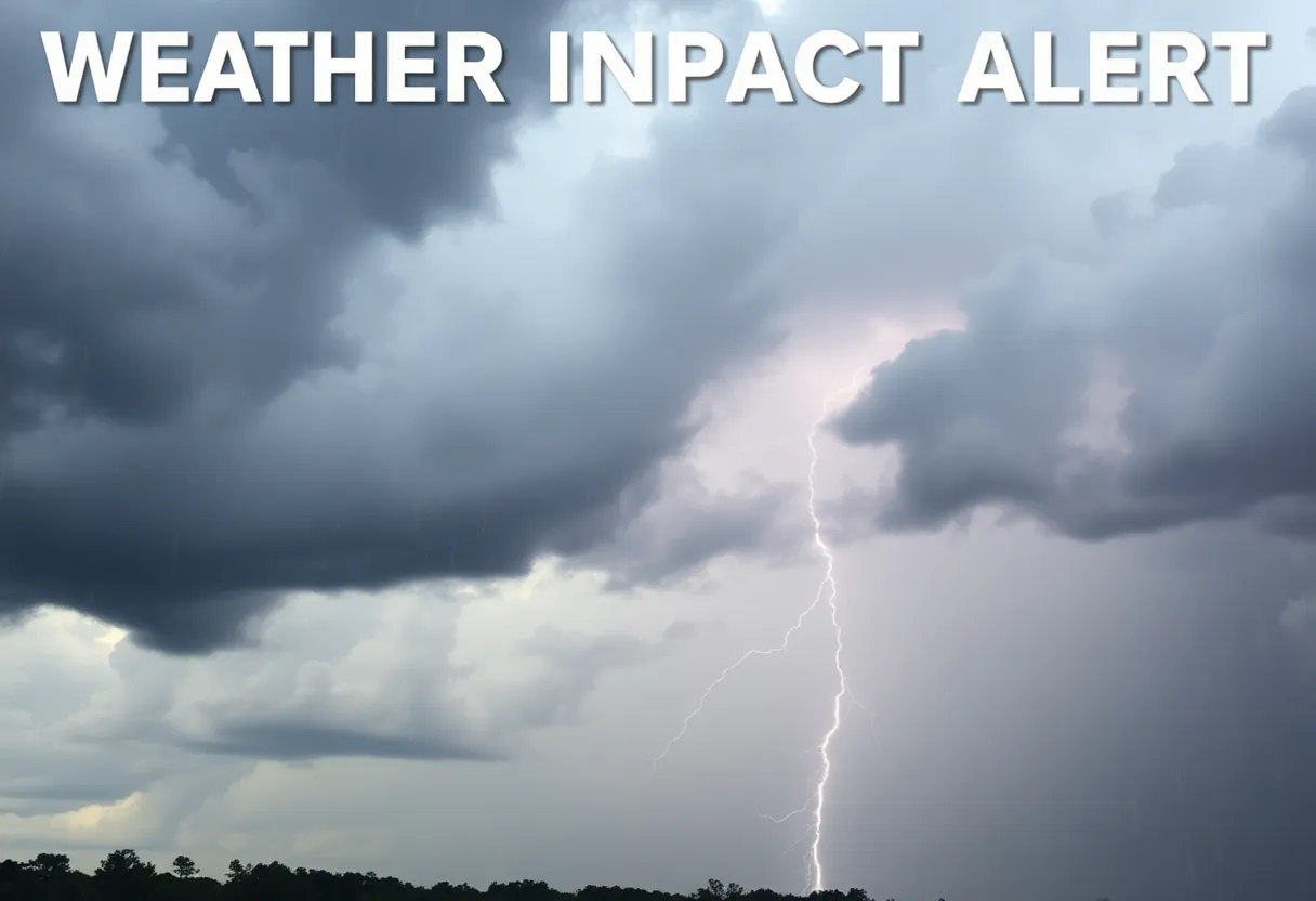 Heavy rain clouds in South Carolina during a Weather Impact Alert.