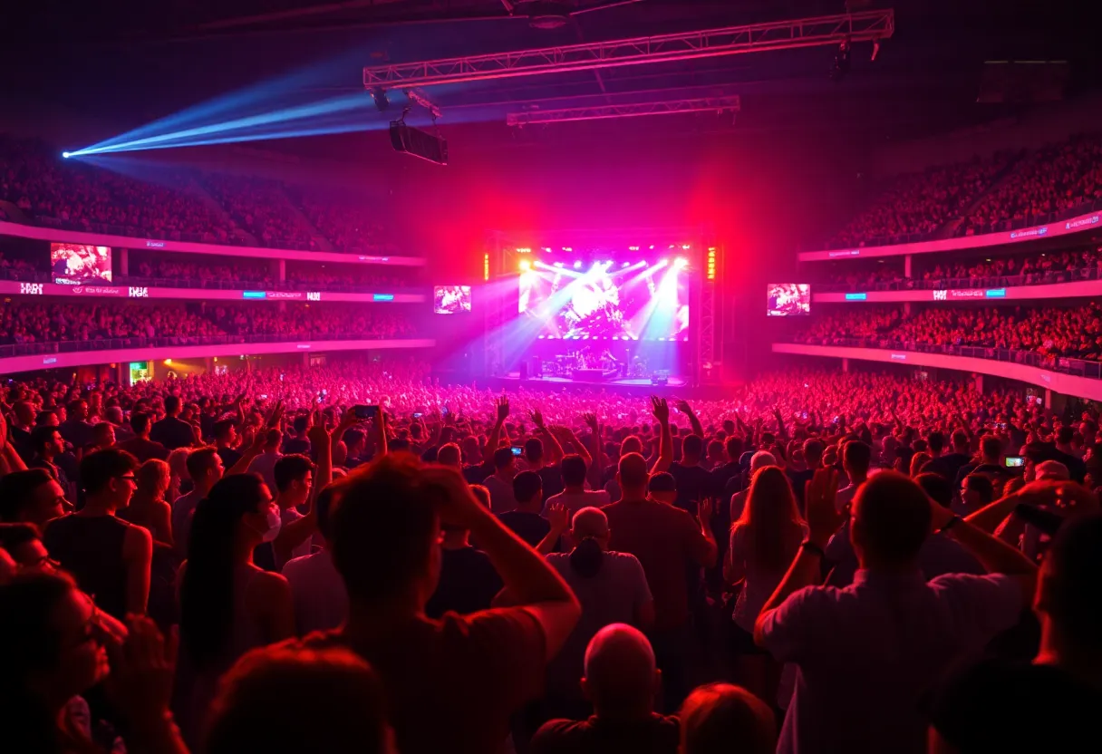 Crowd enjoying a concert with vibrant lights