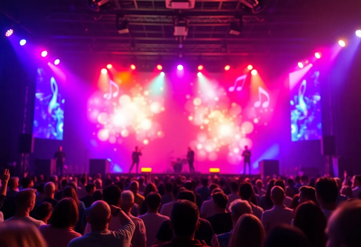 Abstract view of a concert stage with colorful lighting