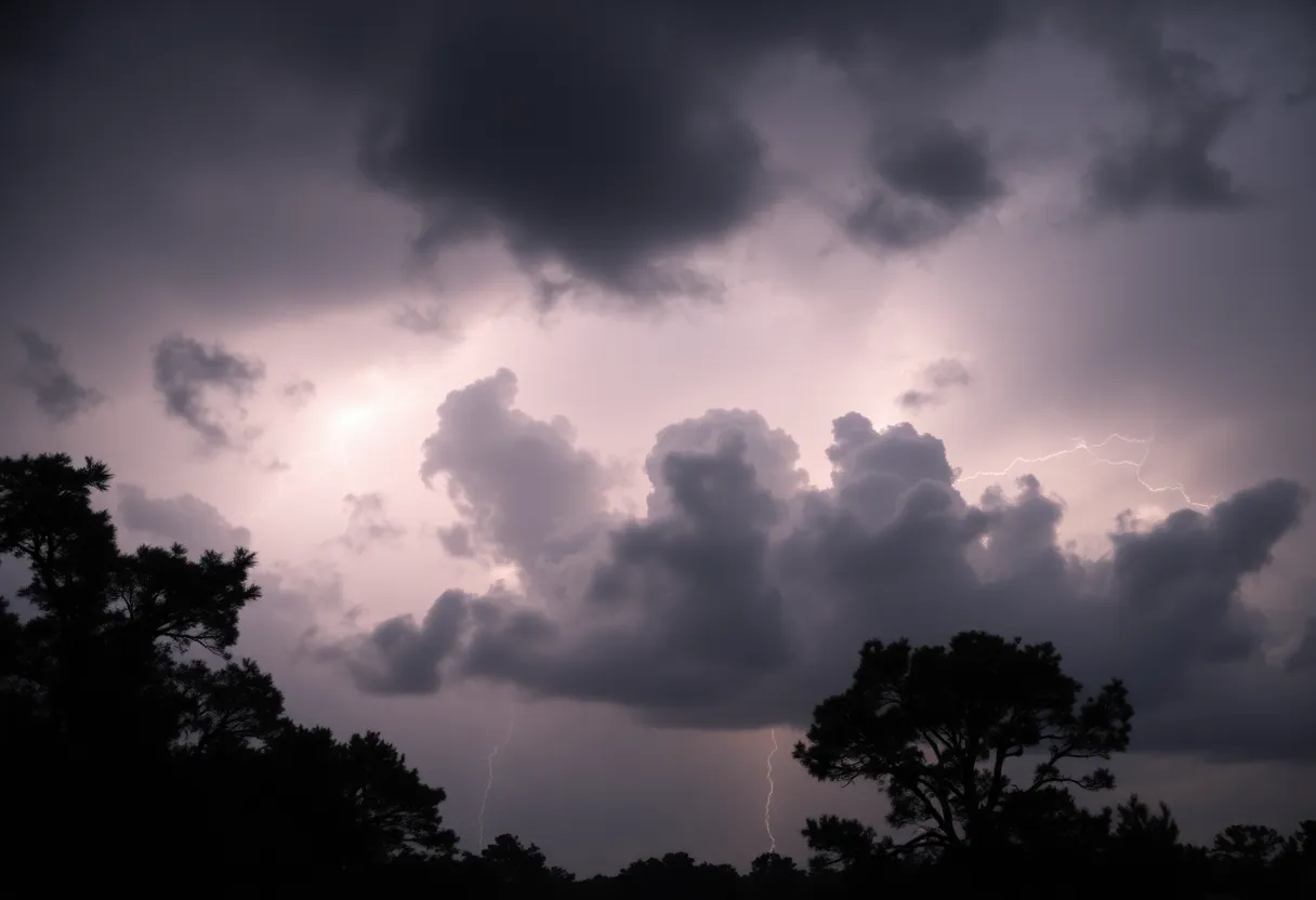 Storm clouds and lightning over South Carolina landscape