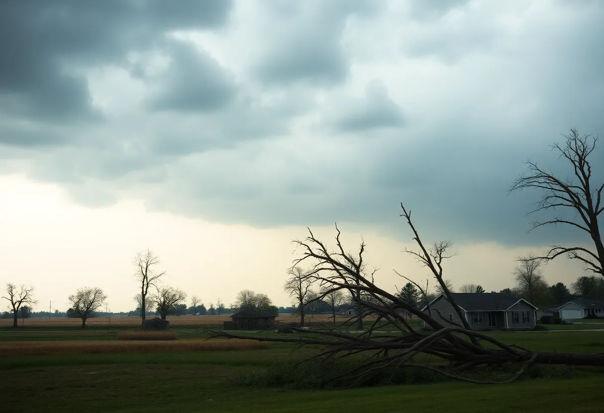 Damage from a tornado in Missouri, showing fallen trees and destroyed homes.