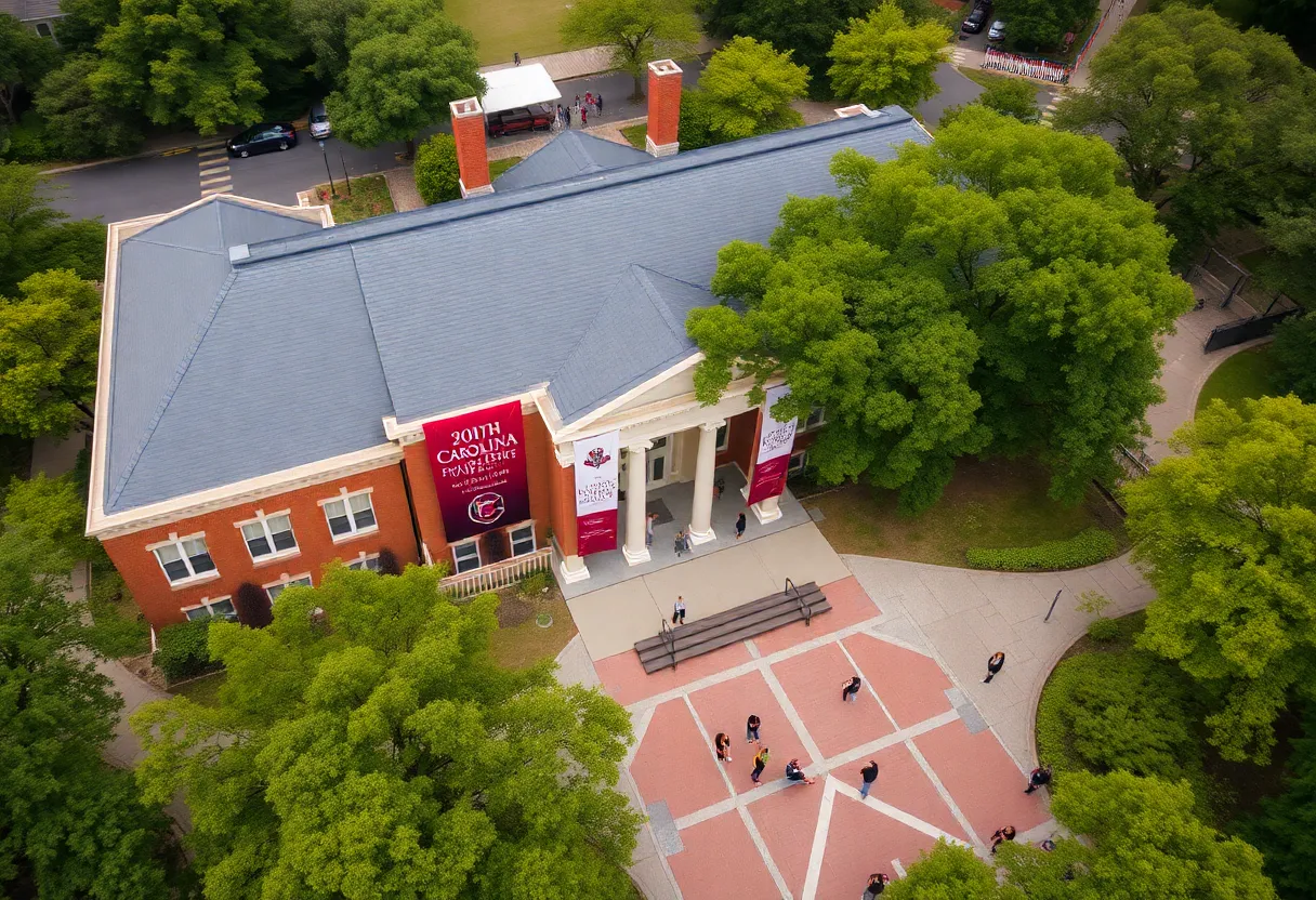 Aerial view of University of South Carolina campus with celebrating banners