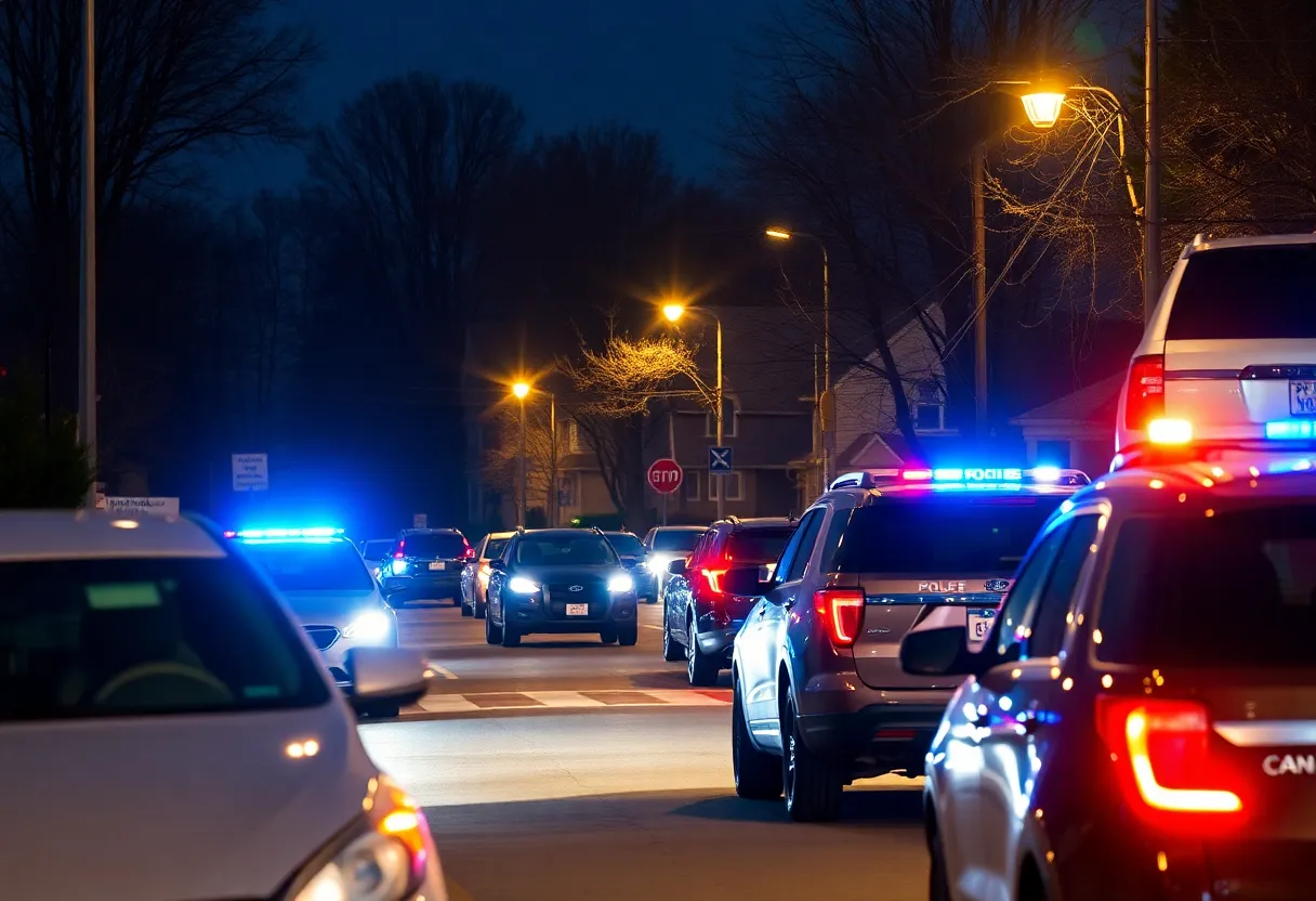 Police patrolling a Lexington neighborhood at night with parked cars