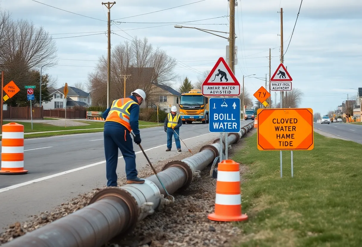 Construction workers replacing a water main on Trenholm Road with signage for boil water advisory