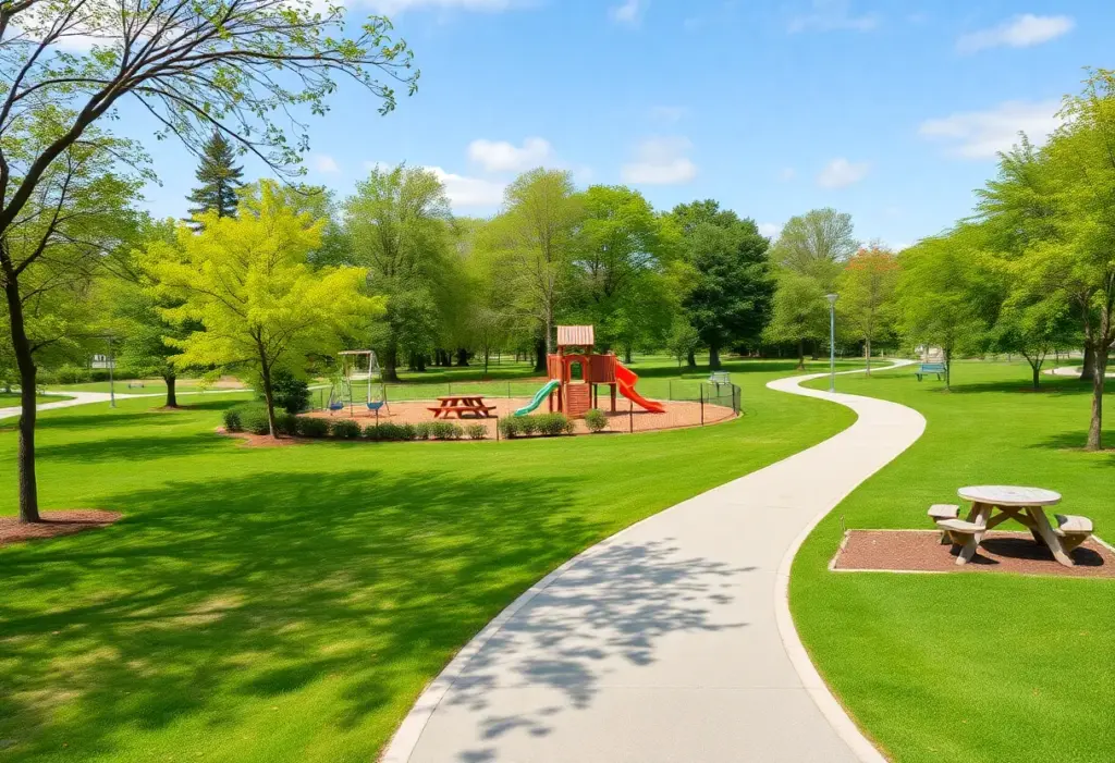 Beautiful view of Wingard Park featuring playground and walking trails.