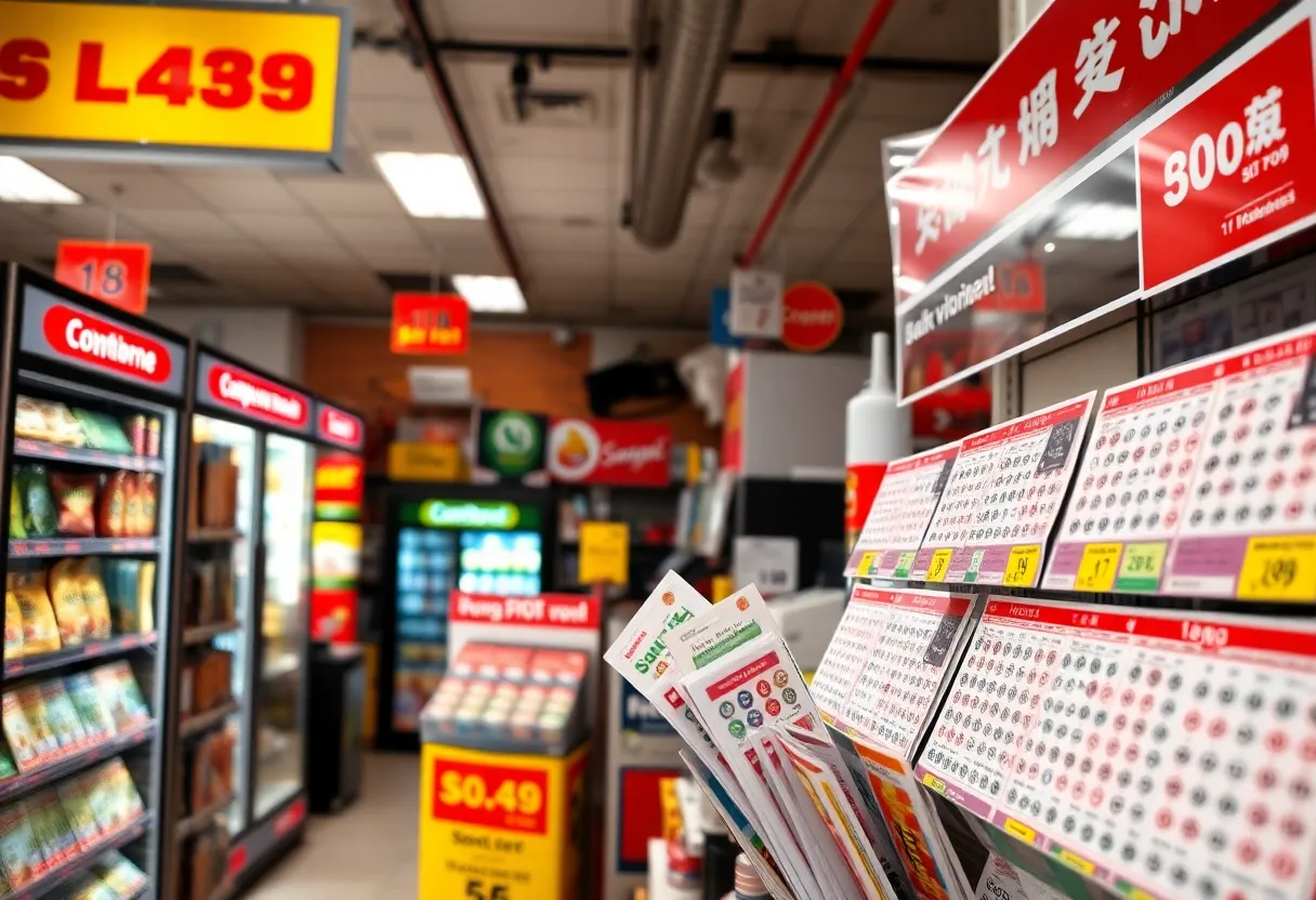 A lottery ticket display at a convenience store showing Palmetto Cash 5 tickets