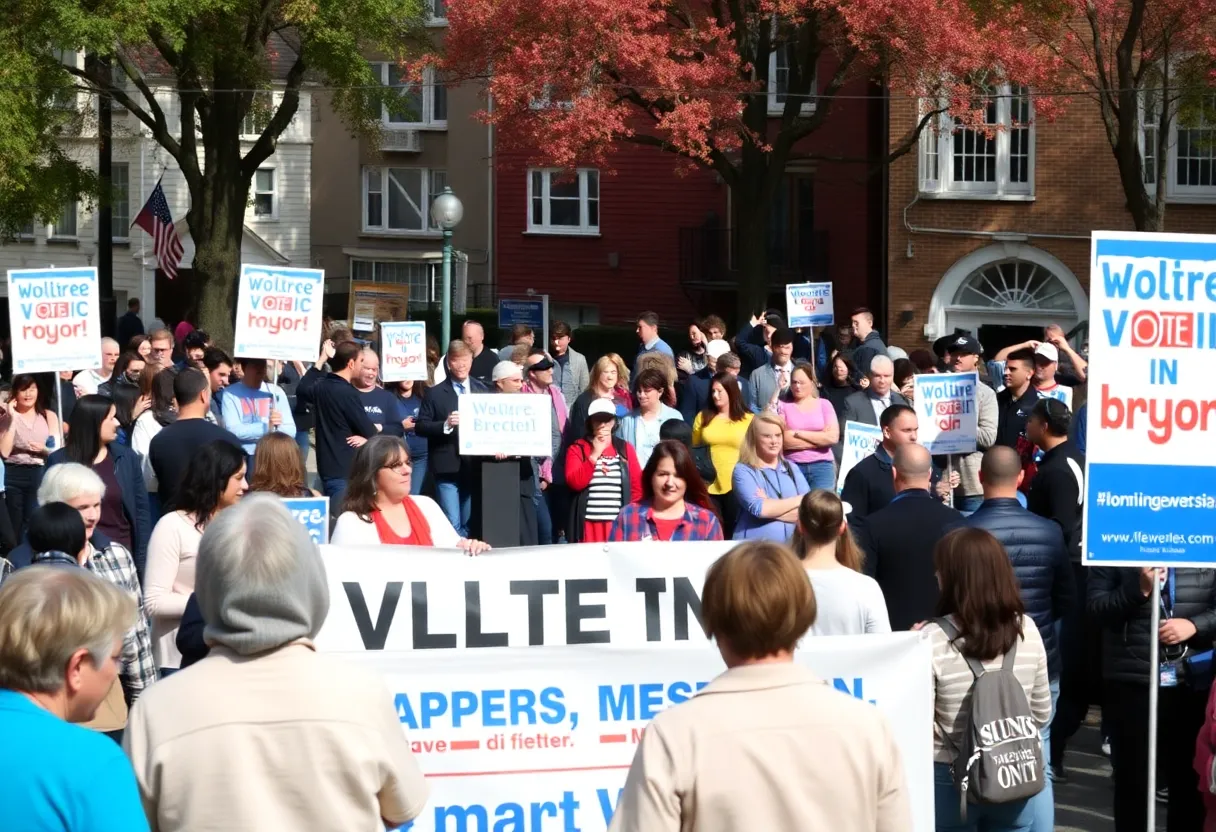 Community members gathering for the Winnsboro special election with candidate signs.