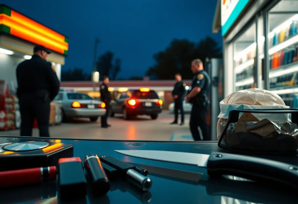 Convenience store scene with police presence after robbery incident.