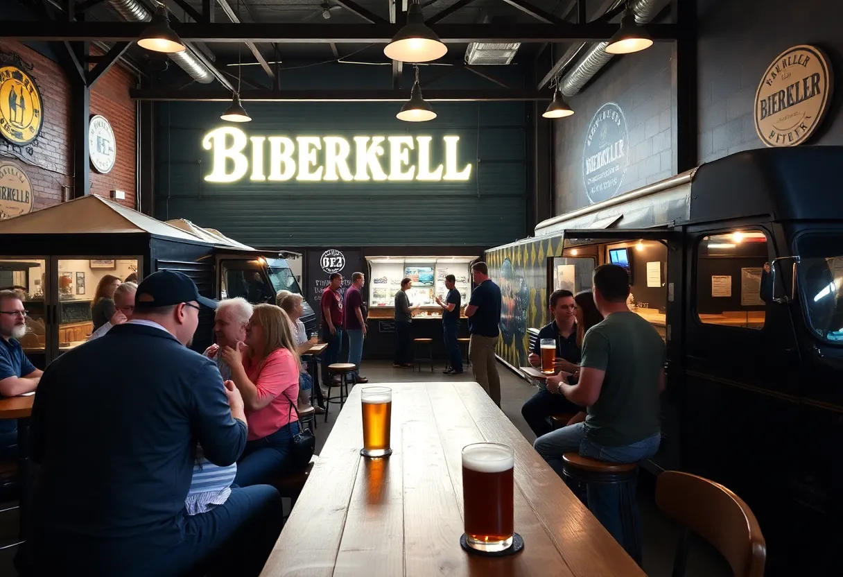 Bierkeller Columbia patrons enjoying craft beer and food trucks.