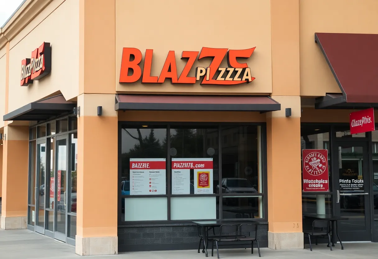 Closed Blaze Pizza restaurant with signage in Columbia, SC