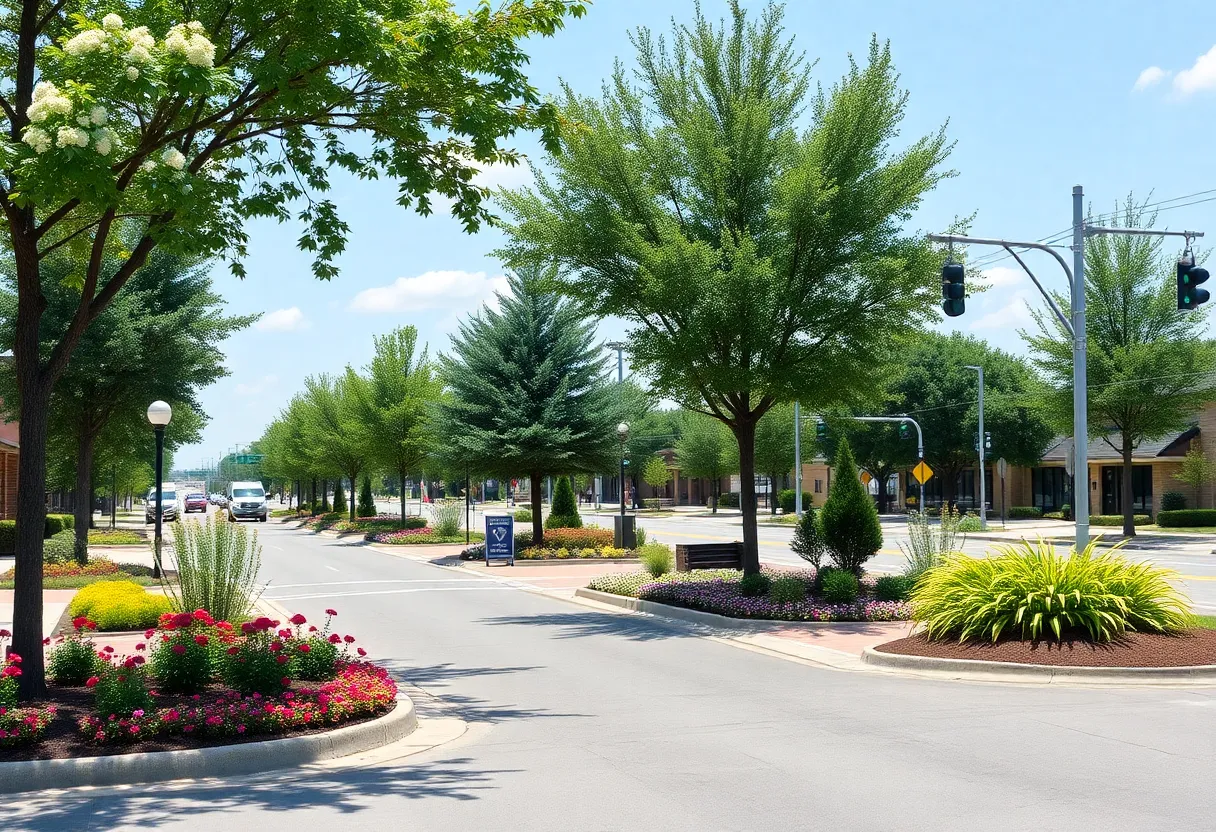 Beautifully landscaped Airport Boulevard with trees and flowers
