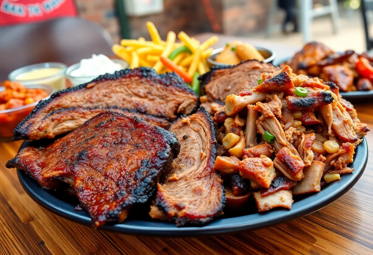 Delicious barbecue platter with brisket and pulled pork