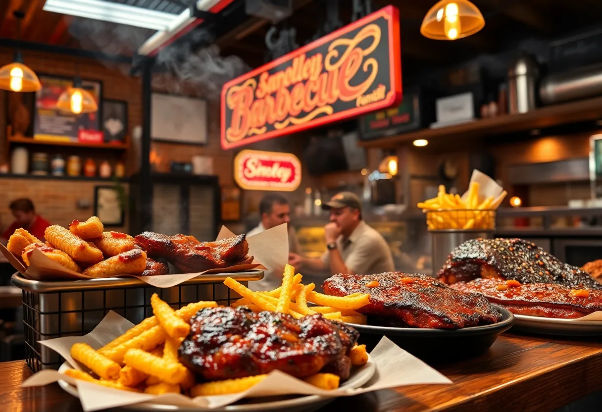 A view of City Limits Barbecue restaurant with delicious barbecue dishes on display
