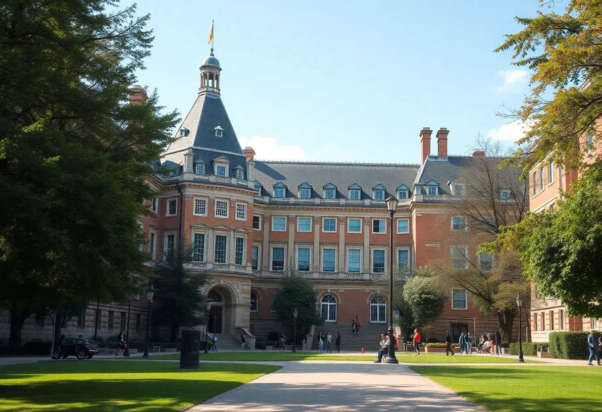 A view of the Columbia International University campus with trees and students.