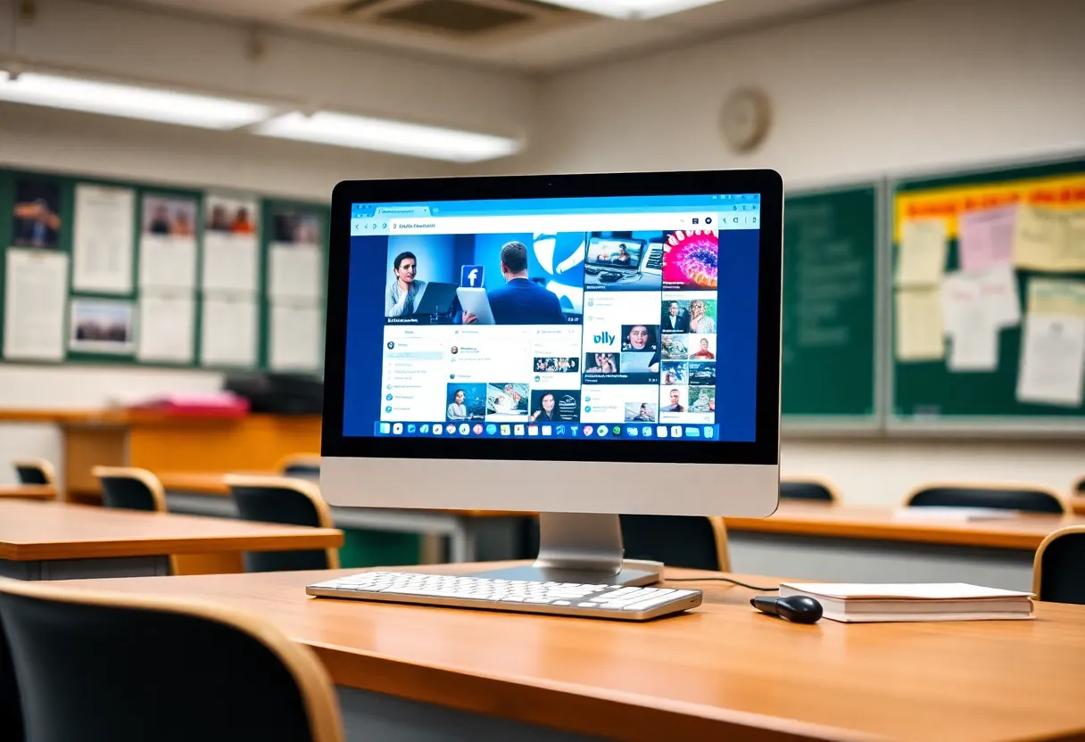 Classroom desk with computer showing social media interfaces