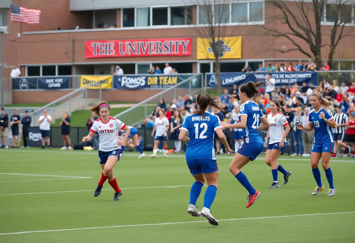 Action shot of women's soccer players competing at Columbia International University