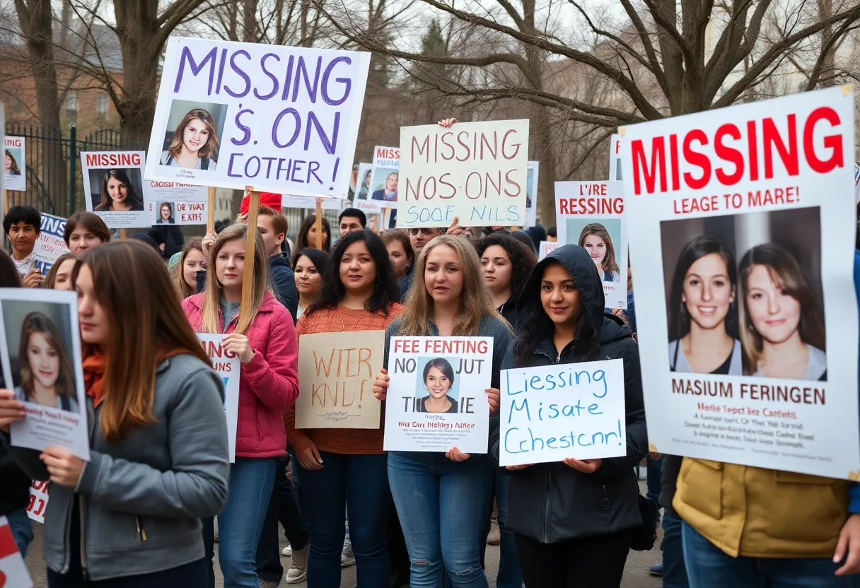 Community members holding signs for missing teenagers.
