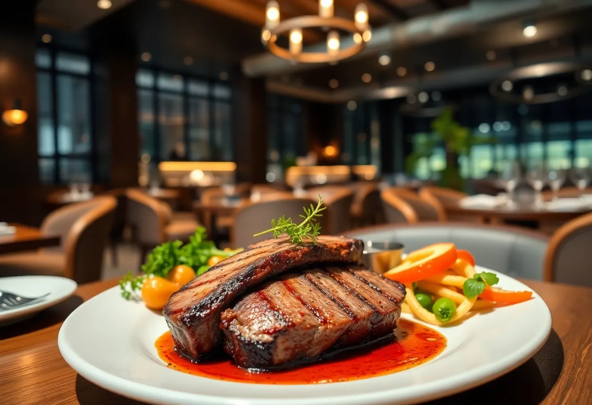 Interior view of Cork & Cleaver Steakhouse with dining setup