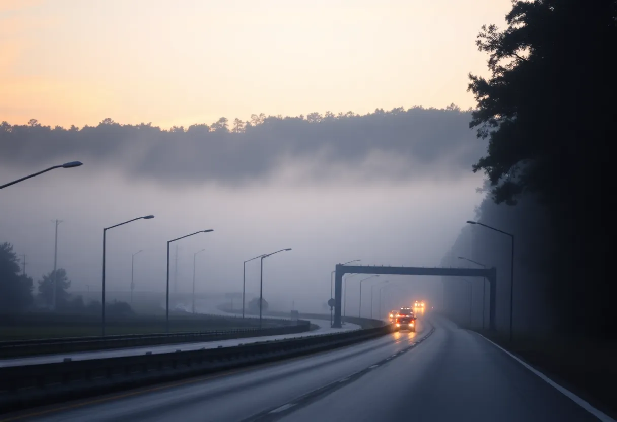 Dense fog covering a highway in Columbia, SC