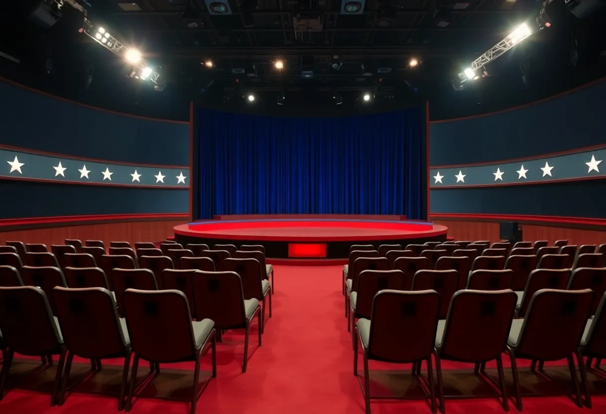 An empty late-night talk show stage illustrating suspension of a show