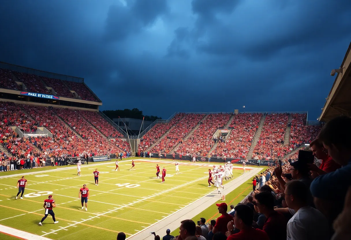 Exciting college football game day atmosphere with players on the field and an enthusiastic crowd.