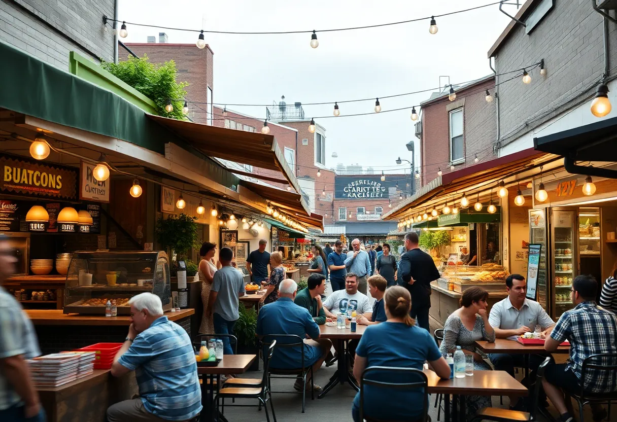 Render of Gather COLA food hall in Columbia with vendors and outdoor space