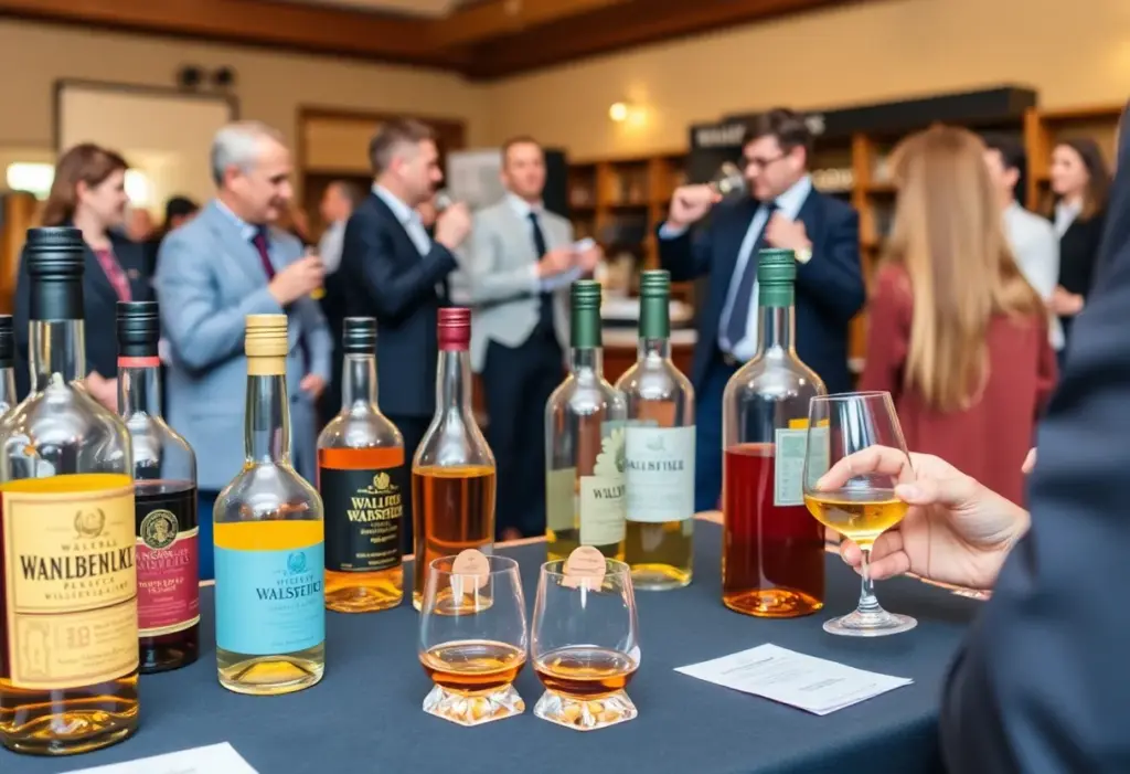 Guests enjoying the Great American Whiskey Fair with various whiskey brands showcased.