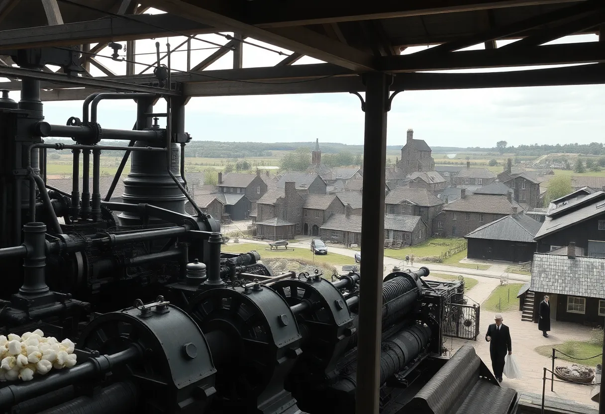 A historic cotton mill with surrounding village and machinery.