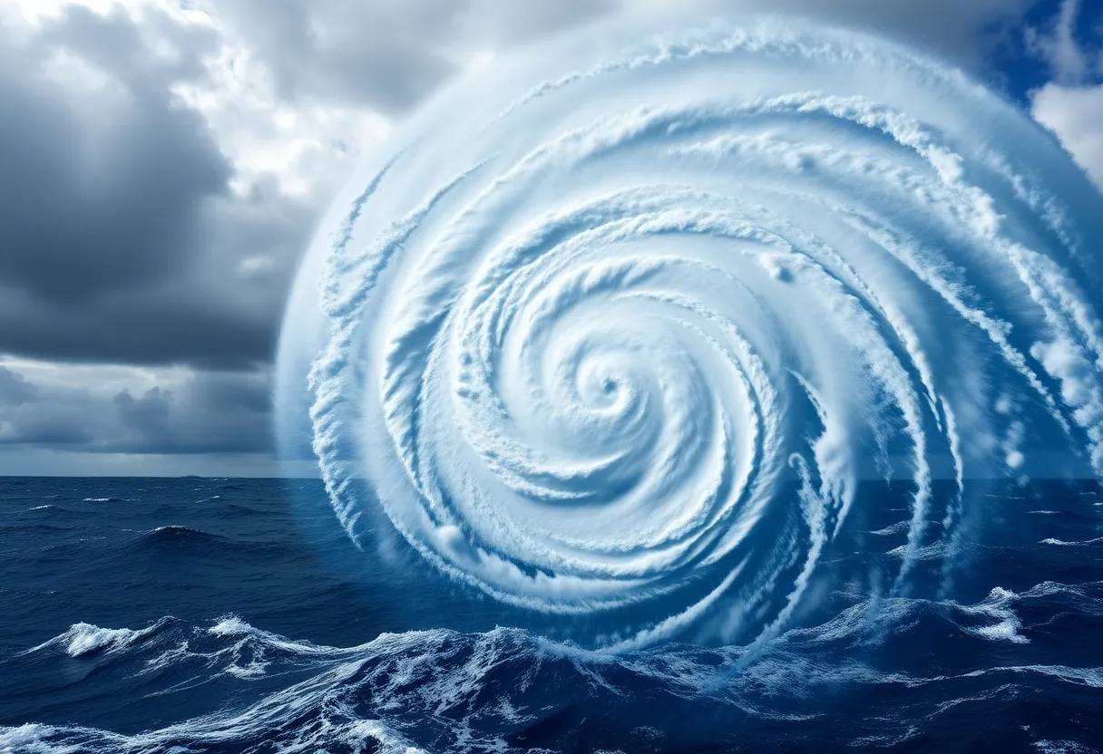 Visual depiction of Hurricane Gabrielle approaching the Azores with swirling storm clouds.