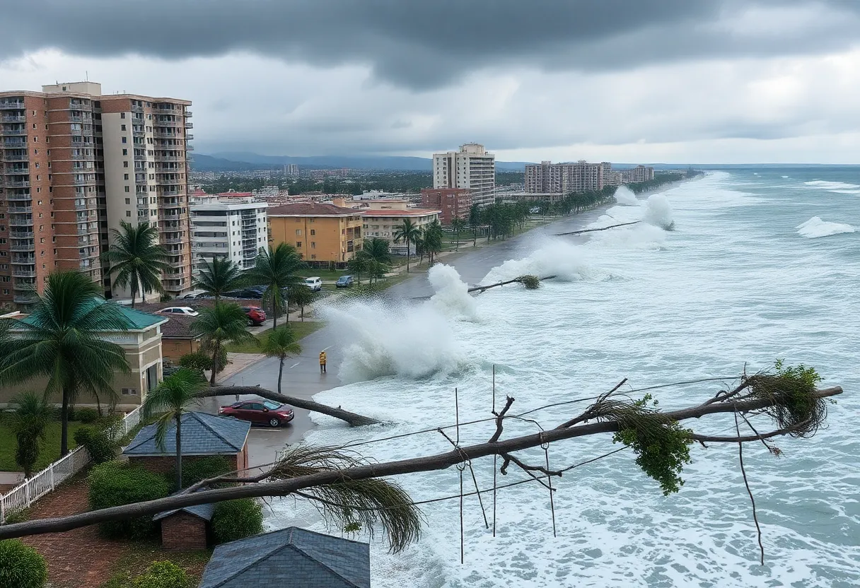 Destruction caused by Hurricane Hugo with damaged structures and fallen trees.