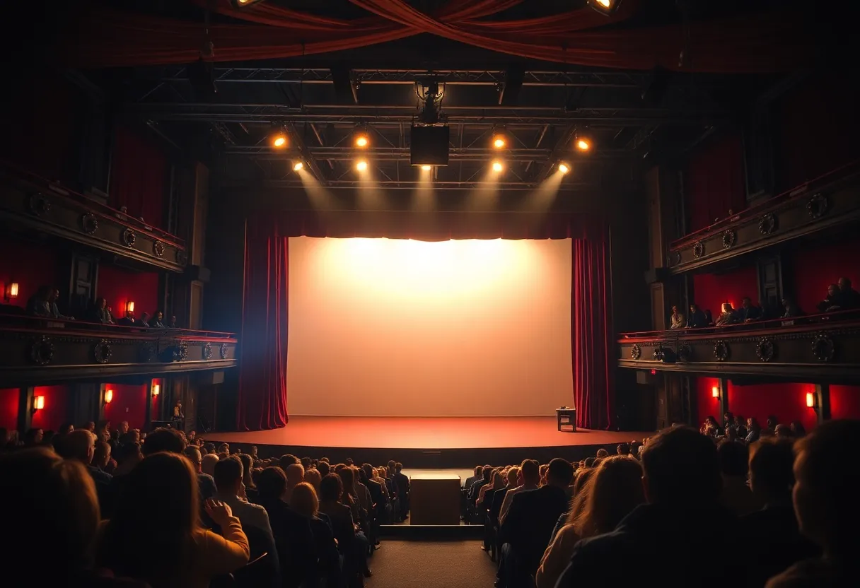 Bright stage with colorful lights before a Broadway performance