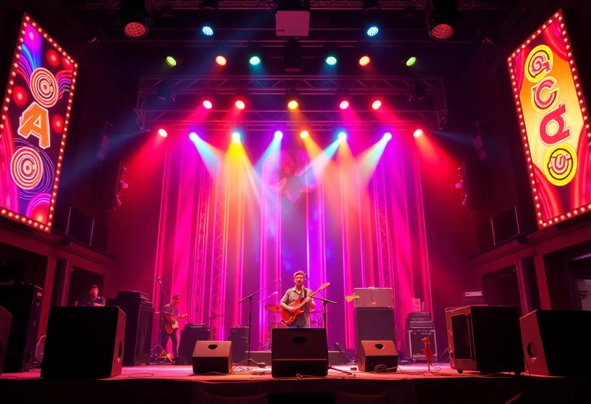 Live performance setup with bright lights and instruments