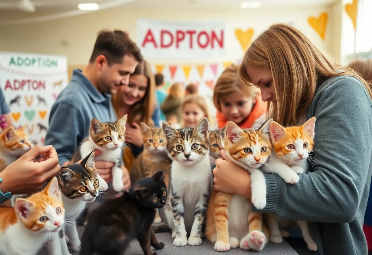 Families engaging with kittens at the Kitten 911 adoption event