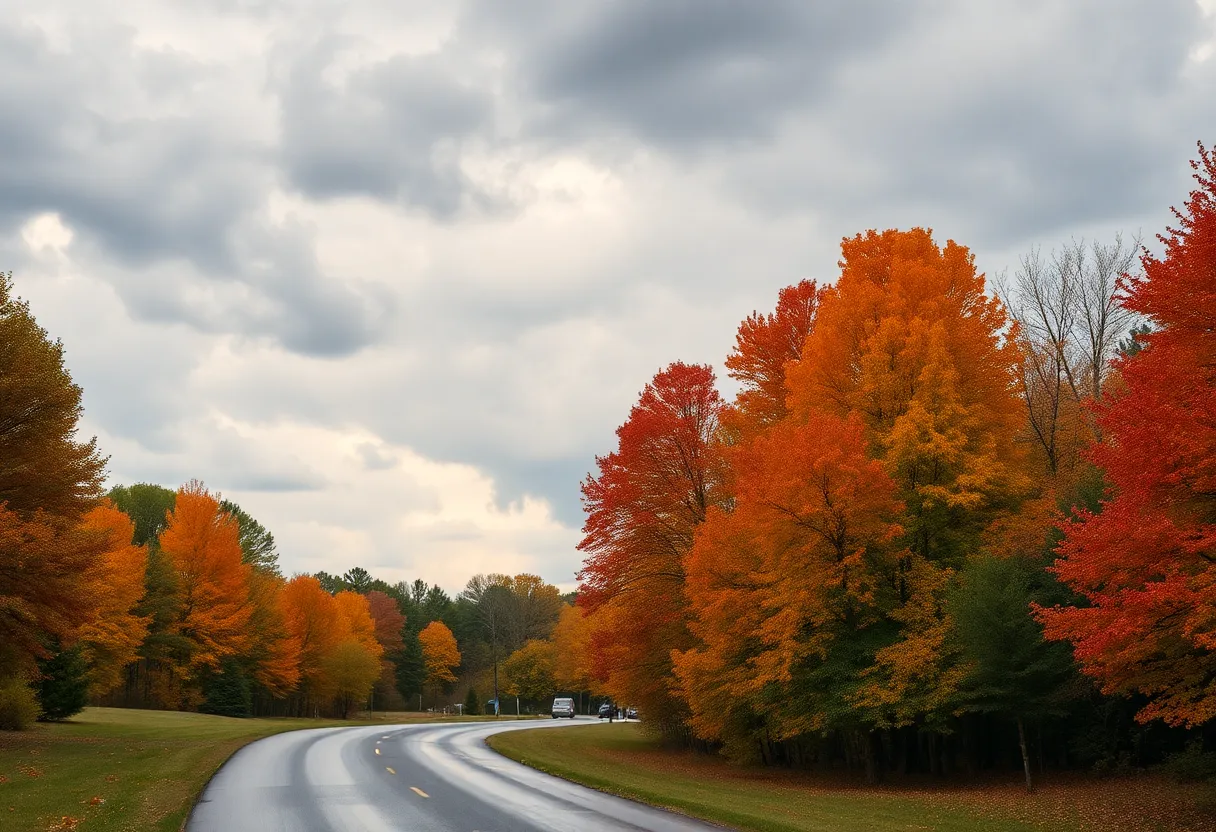 Cloudy day with light showers in Lexington, SC during autumn.