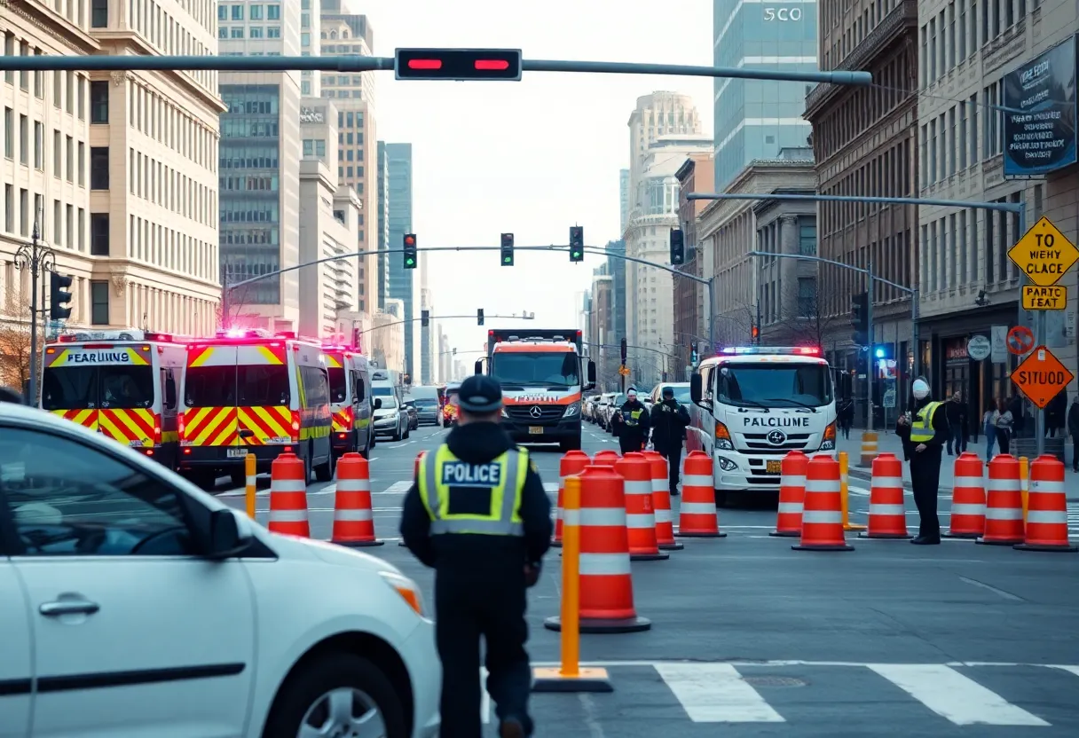 Closed intersection with traffic cones and police