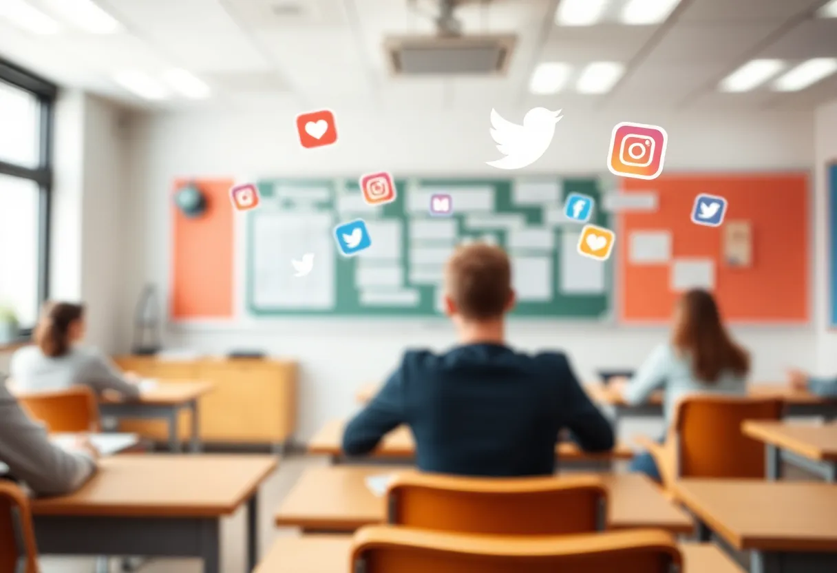 Modern classroom with social media icons symbolizing teacher investigation