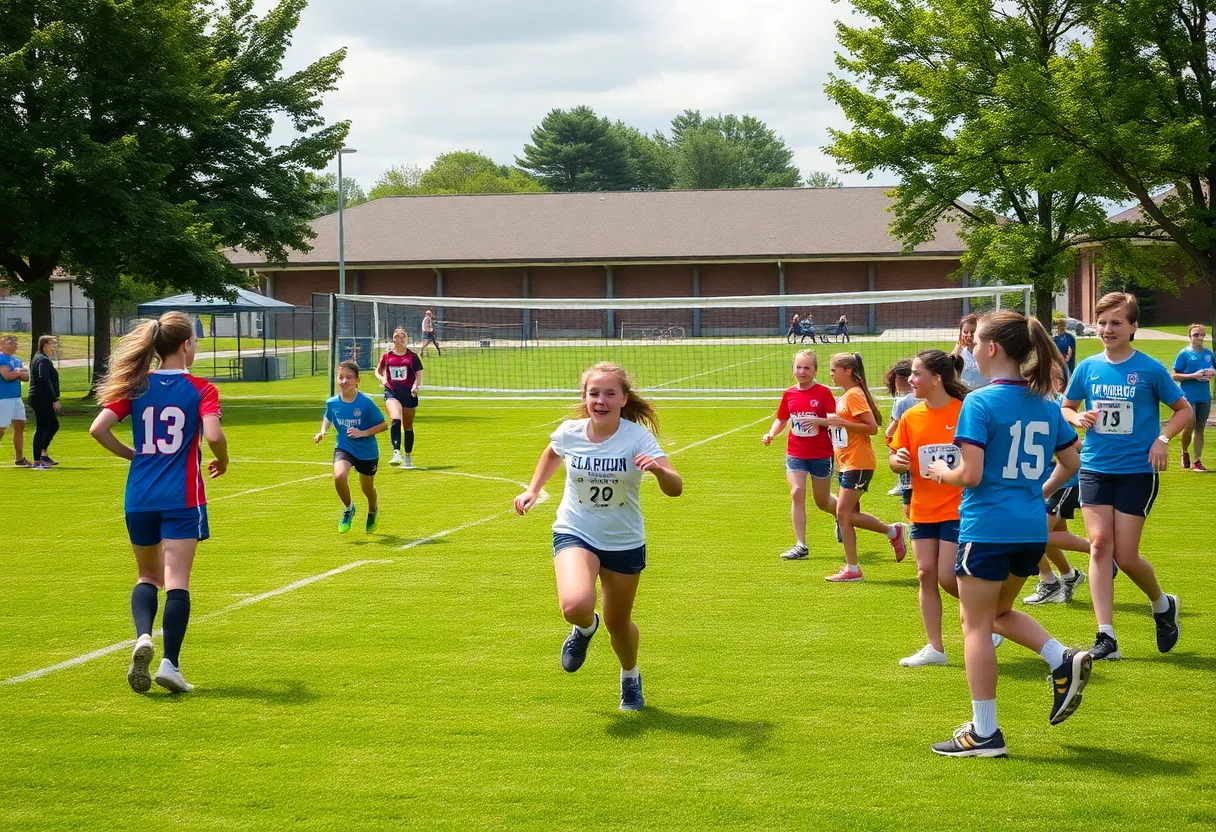 A collage of sports events happening in Lexington including soccer, volleyball, and a running event.