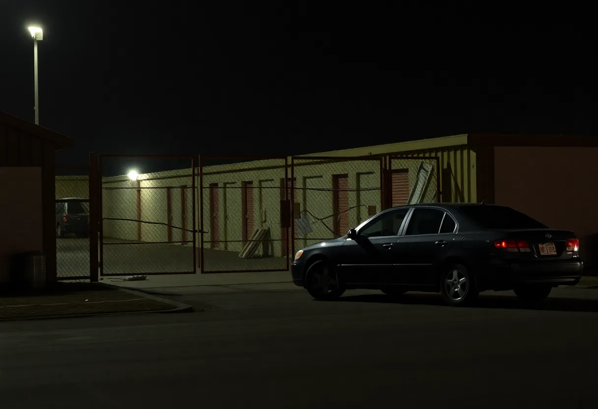 Storage facility with a broken fence, black pickup truck, and damaged sedan