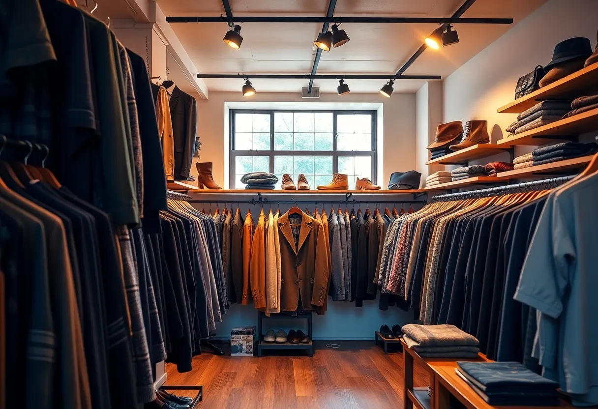 Interior of Looking Good menswear shop with clothing racks