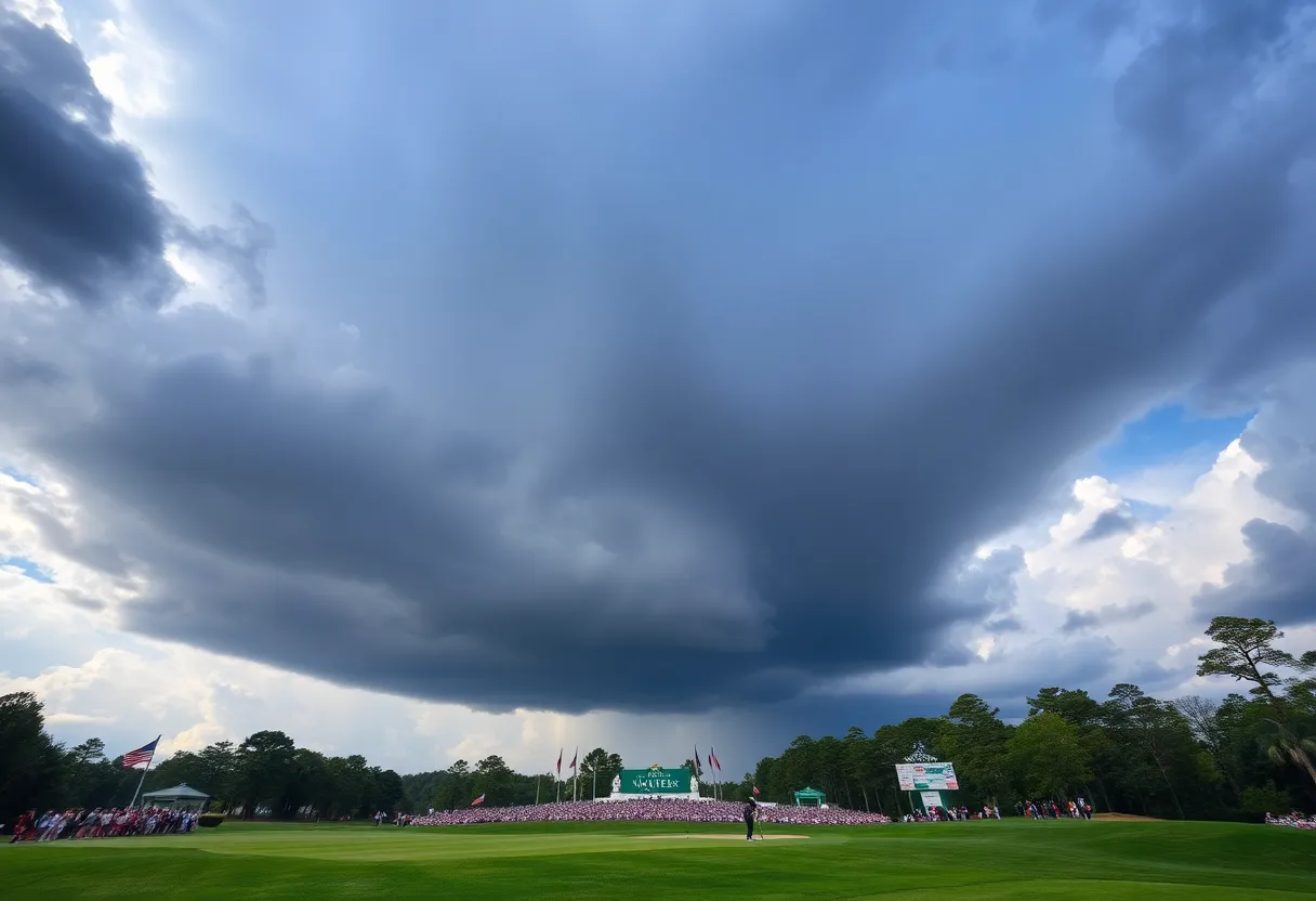 Augusta golf course with dark clouds signaling rain, depicting expected weather conditions for the Masters Tournament
