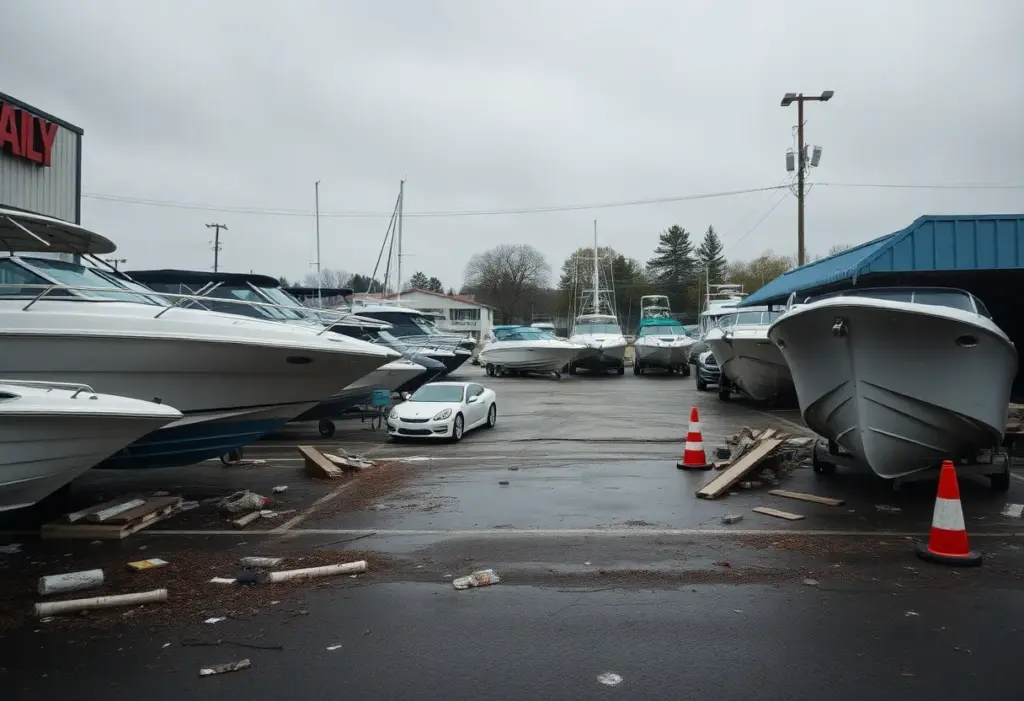 Damaged boats at Mountain Top Marine from road construction debris