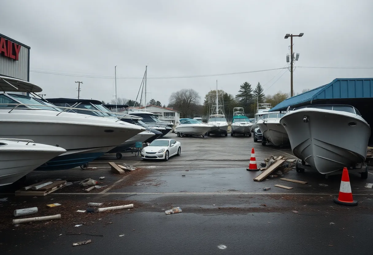 Damaged boats at Mountain Top Marine from road construction debris