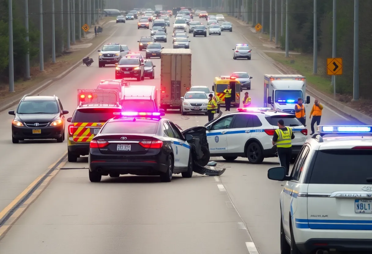 Scene of a highway accident involving multiple vehicles and police presence