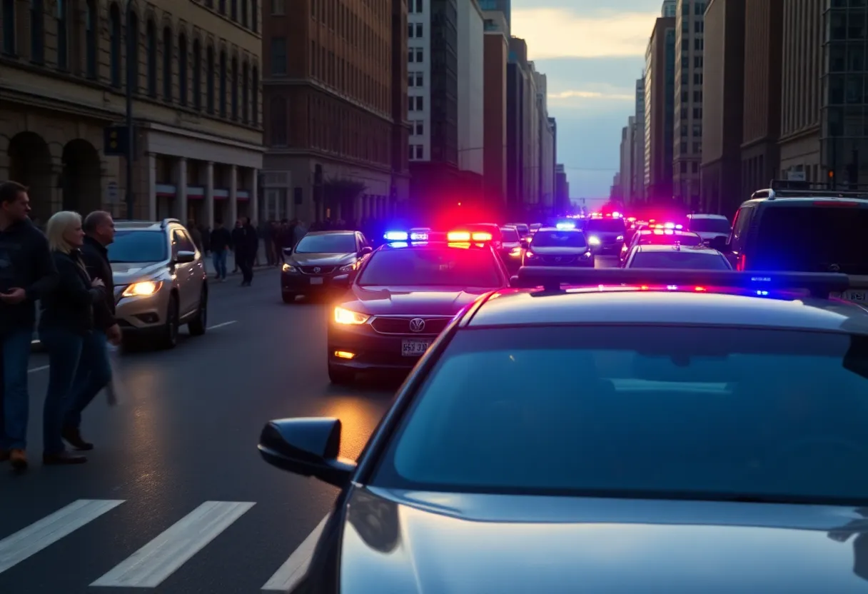 Police cars chasing a suspect vehicle on urban roads.